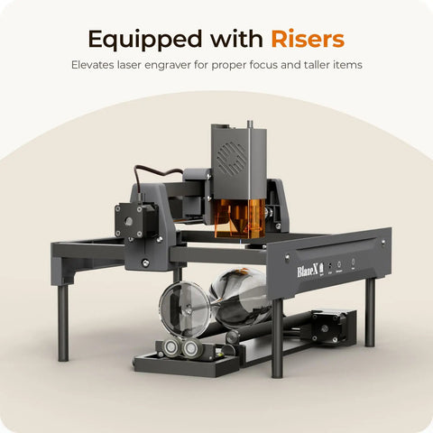 Rotary Roller And Risers Kit For M3 Laser Engraver with 360 Degree Cylindrical Engraving Module shown with risers and bottle.