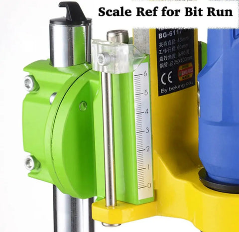 Close-up of Benchtop Drill Press Stand for Electric and Hand Drills with scale ref for bit run and adjustable height.
