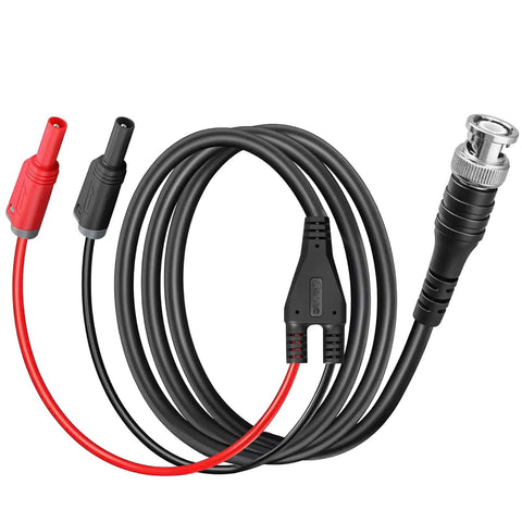 Automotive Oscilloscope Probe Kit With 20 To 1 Attenuator Back Probe Pins And 3M BNC To Banana Cable shown coiled on white background.