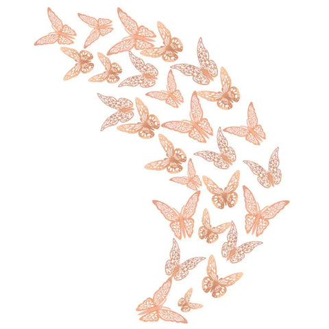 3D Butterfly Wall Decor Set Featuring Gold, Rose Gold And Silver Butterflies Perfect For Cake Decorating, Party And Wedding Decor Includes 72 Pieces With Double Sided Adhesive Dots For Quick, Standout Accents showing rose gold butterflies