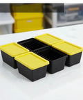 Go To Mini Storage Bins With Lids 4 Pack For Small Parts Crafts Hardware And Office Supplies Space Saving Stackable Totes Black Base Yellow Lids