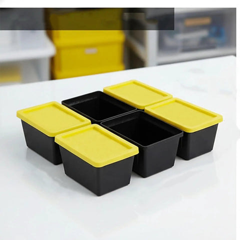 Go To Mini Storage Bins With Lids 4 Pack For Small Parts Crafts Hardware And Office Supplies Space Saving Stackable Totes Black Base Yellow Lids