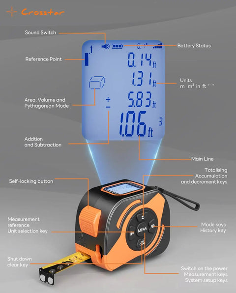 Built Tough 2 In 1 Laser Tape Measure With 197 Foot Range And Bright Green Beam Paired With A Spiffy 16 Foot Dual Sided Manual Tape Featuring Anti Reflective Matte Surface For Crack Free Sight Lines And Serious Job Site Precision