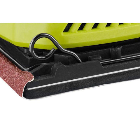 Close-up of 18V Palm Sander Pro Grade with 12,000 RPM 1/4 Sheet Power, featuring sanding pad attachment detail.