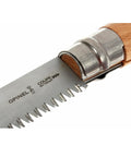Close-up of Badass Lightweight Folding Saw For Weekend Campouts And Garden with carbon steel blade and beechwood handle.