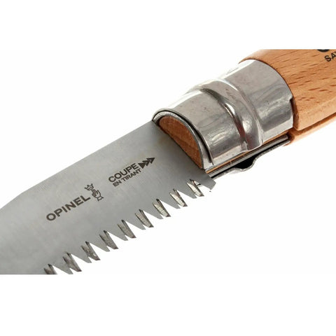 Close-up of Badass Lightweight Folding Saw For Weekend Campouts And Garden with carbon steel blade and beechwood handle.