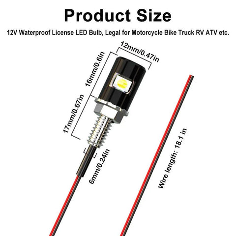 Hella Bright 12V Waterproof License Plate Light Kit dimensions with 5050 SMD bulb, screw bolt mount, 18.1-inch wire.