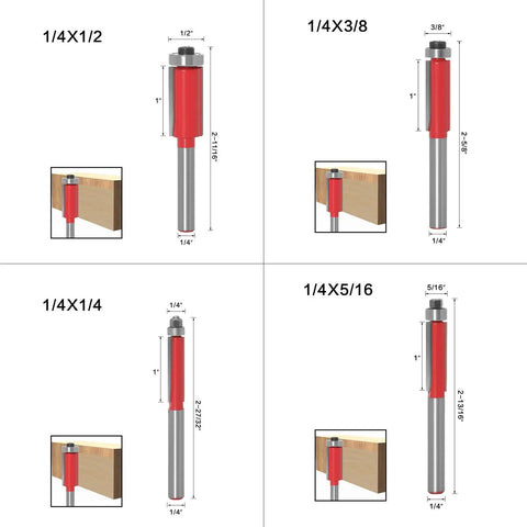 4 Piece Tungsten Carbide Flush Trim Router Bit Set With Top Bearing And Quarter Inch Shank For No Sweat Woodworking Trimming Tight Precision Edge Cutting Boss Grade Pro Shop Essential