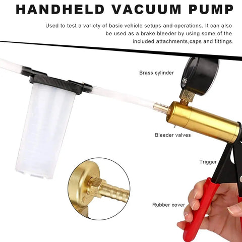 Shop Grade Handheld Vacuum Brake Bleeder Kit With Precision Pressure Gauge showing brass cylinder, gauge, and rubber cover in use.