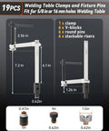 Diagram of 19-piece Welding Table Clamps And Fixture Pins Kit, featuring sizes of clamps, V-blocks, and risers for 5/8 inch holes.