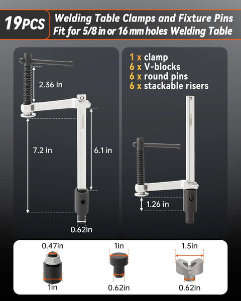 Diagram of 19-piece Welding Table Clamps And Fixture Pins Kit, featuring sizes of clamps, V-blocks, and risers for 5/8 inch holes.