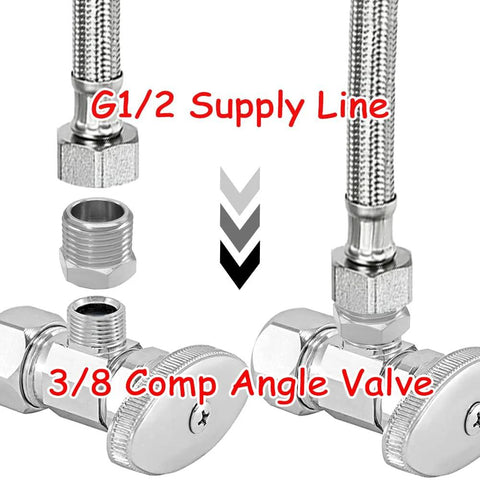 Front view: water line adapter set with brass nickel-plated 1/2 to 3/8 in compression reducers and braided hoses