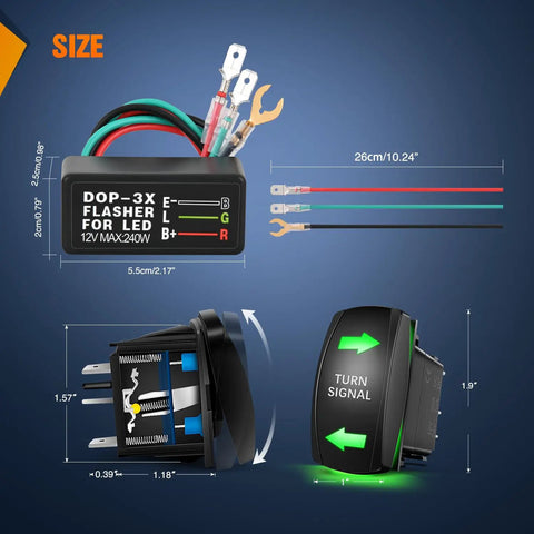 Turn Signal Switch Kit With Flasher Relay for ATV UTV Tractor and Motorcycle 4 Pin SPDT Rocker Switch Green LED size chart