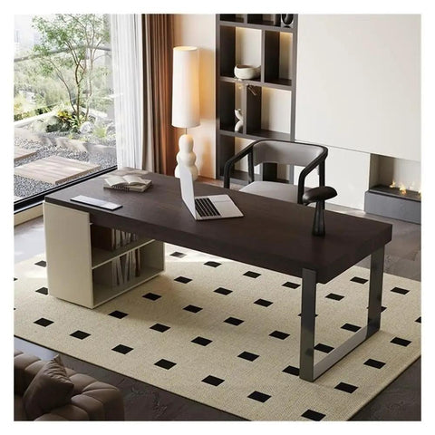 Top Shelf Standing Desk With Sleek Smoky Matte Paint Boss Ready Computer Workstation featuring wood top and storage side in modern office.