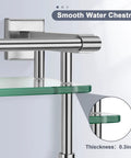 Close-up of Brushed Nickel 20 Inch Glass Bathroom Shelf With Towel Bar, wall mount with polished stainless steel and tempered glass.