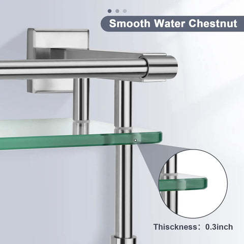 Close-up of Brushed Nickel 20 Inch Glass Bathroom Shelf With Towel Bar, wall mount with polished stainless steel and tempered glass.