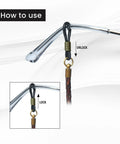Top Shelf Distressed Leather Glasses Strap Locks Your Eyeglasses Safe With A Durable Eyeglass Chain Adjustable Sunglass Holder Around Neck For Flat Out Daily Confidence showing usage with locking mechanism