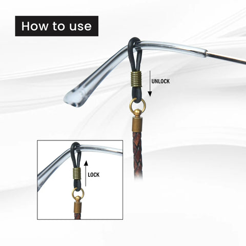 Top Shelf Distressed Leather Glasses Strap Locks Your Eyeglasses Safe With A Durable Eyeglass Chain Adjustable Sunglass Holder Around Neck For Flat Out Daily Confidence showing usage with locking mechanism