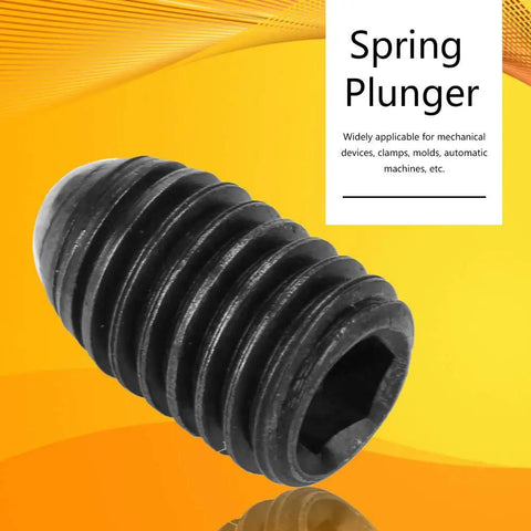 Rock Solid Carbon Steel Ball Spring Plungers M8x12 Hex Socket Machine Screws Pro Shop Gear Easy Install Precision Grip set against a yellow background.