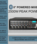 Front view of MX15 15 Inch 2500W Bluetooth Powered PA System with 8 channel mixer, showcasing controls and ports.