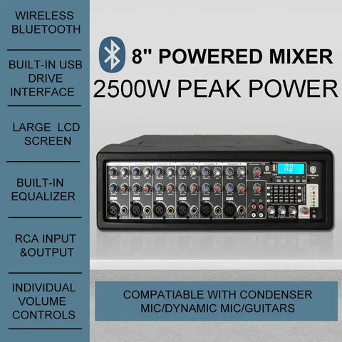 Front view of MX15 15 Inch 2500W Bluetooth Powered PA System with 8 channel mixer, showcasing controls and ports.