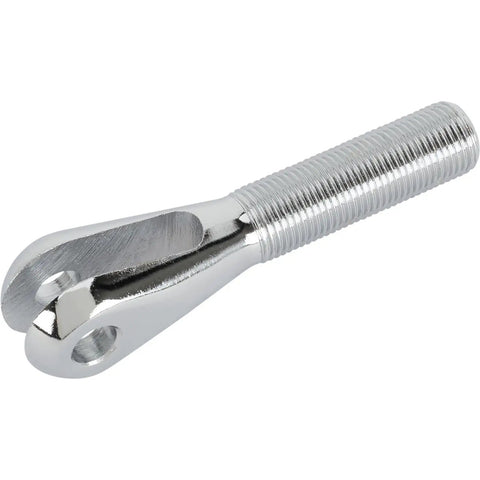 Raw Steel Clevis Linkage End Featuring 5/8 Inch Right Hand Fine Thread With 3/8 Inch Pin Slot, sleek design for custom fabrication.