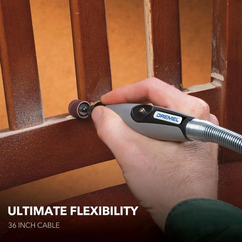 Dremel flex shaft rotary tool with comfort grip and 36-inch cable used on wood railing