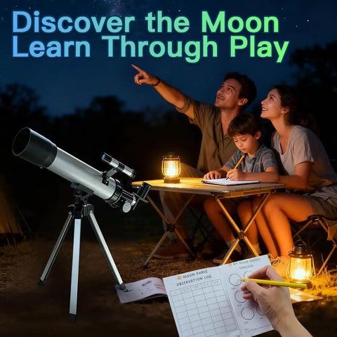 Family using Beginner Kids Telescope Kit With 50mm Lens 100x Magnification Tripod Two Eyepieces And Finder Scope STEM Space Science Gift