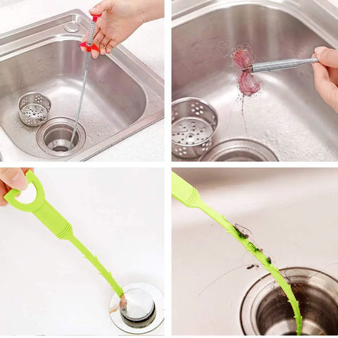 Six Pack Hair Clog Remover For Sink, 24 Inch Tube Drain Cleaning Tool with claw grip removing hair from kitchen sink