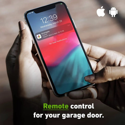 Person holding smartphone displaying app for Smart Garage Door Opener Remote With App Control And Wireless Sensor and integration logos.