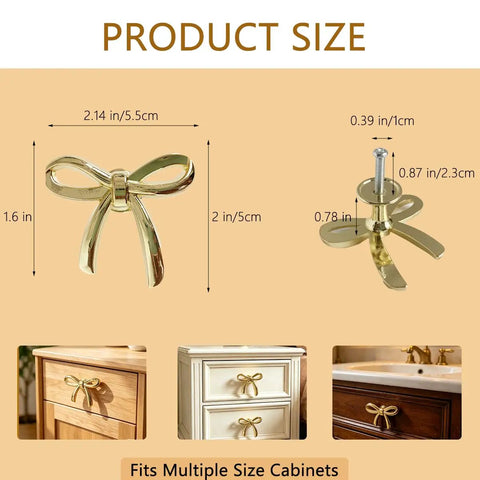 Gold Bow Cabinet Knob Set With Screws 8 Pack Vintage Brass Drawer Pulls for various cabinets and sizes shown with dimensions.