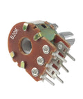 Close-up of 20K dual linear potentiometer 6-pin, part of Five Pack 20K Dual Linear Potentiometers With 6 Pin 15mm Shaft For Audio Volume Control Light Dimming