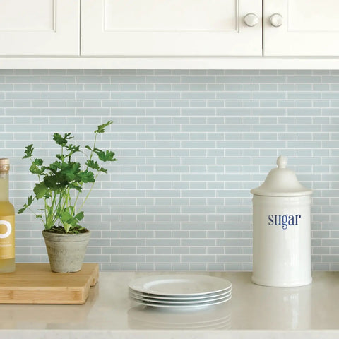 Sea Glass Peel And Stick Backsplash Tiles Blue 10.5 Inch By 10.5 Inch Four Panels Self Adhesive Easy To Install High Shine Kitchen Backsplash Look For Modern Coastal Style, behind kitchen countertop with decor.