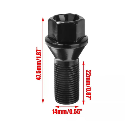 Premium Black Locking Lug Wheel Studs Kit Fits BMW Models M14x1.25 Bolt For E70 F22 F30 Series Heavy Duty Car Parts To Upgrade Your Ride Now. Black steel locking lug stud, M14x1.25, 47.5mm length, for BMW wheel fitment.