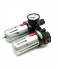 Air Filter Regulator Lubricator Combo With Three Eighths Inch Port Thread FRL Unit, paper element, pro grade for shop tools.