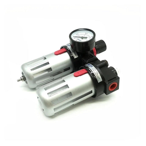 Air Filter Regulator Lubricator Combo With Three Eighths Inch Port Thread FRL Unit, paper element, pro grade for shop tools.