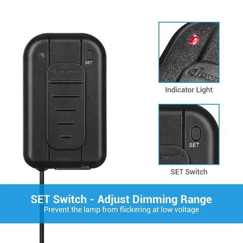 Black Plug In Lamp Dimmer Switch With Foot Slide Control For Dimmable LED CFL And Incandescent Bulbs featuring indicator light.