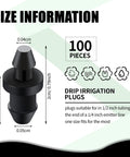 Size diagram of 100 Pack One Quarter Inch Drip Irrigation Plugs with Barbed End Caps for DIY Sprinkler Hose Tubing Setup