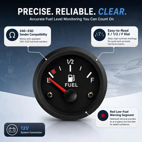 Boat Fuel Gauge 2 Inch 52mm Red With ABS And Metal Shell Built Tough Scratch Resistant And Corrosion Resistant Marine Fuel Meter Easy Install Shows E Half F For Boat Fuel Level black 12V dial
