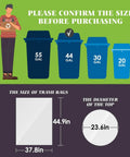 Image showing different trash can sizes with dimensions of 55, 44, 30, 20 gallons, and trash bag size 37.8x44.9 inches, 23.6-inch top diameter.
