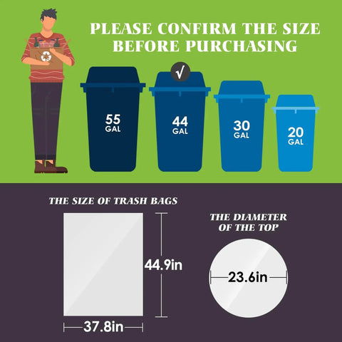 Image showing different trash can sizes with dimensions of 55, 44, 30, 20 gallons, and trash bag size 37.8x44.9 inches, 23.6-inch top diameter.