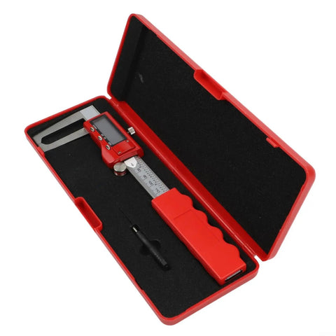 Digital Brake Disc Caliper 0-150mm Stainless Steel LCD Electronic Vernier in red case, open showing display and measuring jaws.