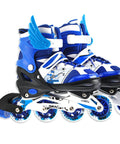 blue and white adjustable inline roller skates with wing detail