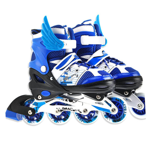 blue and white adjustable inline roller skates with wing detail