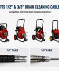 Heavy Workhorse Half And Three Eighth Inch Cable Drain Auger Bit Set featuring toughened steel cutting heads, drain cleaning machines shown.