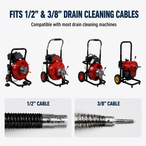 Built Tough Drain Auger Bit Set For Cabere G145 Sewer Tool With Steel Cutting Heads And 1/2 Inch 3/8 Inch Cable Snake Bits To Blast Grease Clogs And Tree Roots No Sweat Ever. Display of drain cleaning cables compatible with machines.