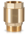 Brass one-way check valve, 1-1/4 in NPT male inlet to 1-1/4 in FNPT outlet, close-up side view with flow arrow