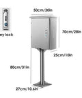 Rugged Outdoor Ev Charger Pedestal Box Floor Mounted With Heavy Duty Stainless Shield And Secure Key Lock showing dimensions and key lock detail.