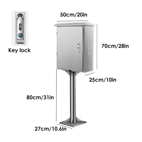 Rugged Outdoor Ev Charger Pedestal Box Floor Mounted With Heavy Duty Stainless Shield And Secure Key Lock showing dimensions and key lock detail.