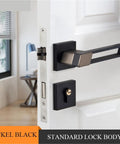 Door Handles Pair With Lock, Thickened Panel Interior Hardware, black zinc alloy handles on white door, modern style